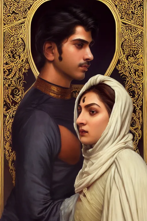 Image similar to a portrait of handsome young male indo-persian Satan and his elegant beautiful indo-persian wife, bored, illustration, dramatic lighting, soft details, painting oil on canvas, art nouveau, octane render, HDR, 4k, 8k, HD, by Edmund Blair Leighton, Brom, Charlie Bowater, trending on artstation, faces by Tom Bagshaw, Sargent