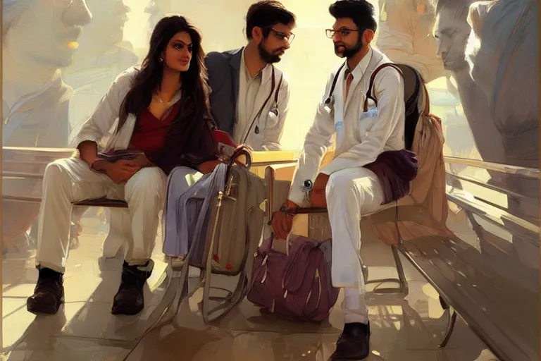 Image similar to Exasperated good looking pale young Indian doctors wearing American clothes chatting at the airport, portrait, elegant, intricate, digital painting, artstation, concept art, smooth, sharp focus, illustration, art by artgerm and greg rutkowski and alphonse mucha