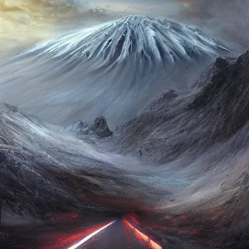 Image similar to the road to mordor, artstation hall of fame gallery, editors choice, #1 digital painting of all time, most beautiful image ever created, emotionally evocative, greatest art ever made, lifetime achievement magnum opus masterpiece, the most amazing breathtaking image with the deepest message ever painted, a thing of beauty beyond imagination or words