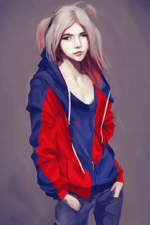 Image similar to a girl wearing a red and blue hoodie, artstation