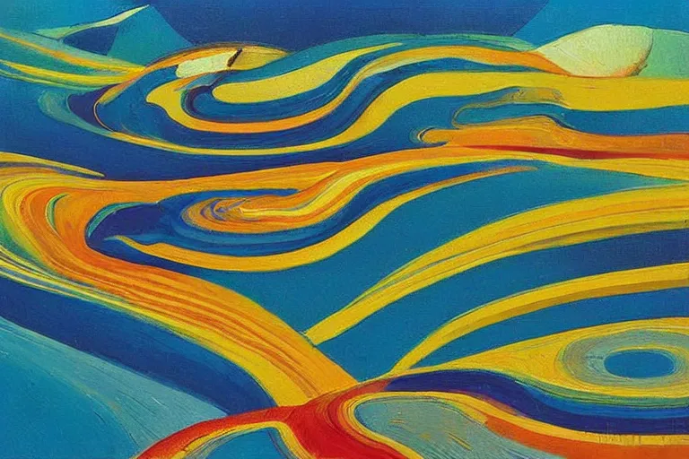 Prompt: Psychedelic sci-fi dreamworld. Landscape painting. Organic. Winding rushing water. Waves. Clouds. Wayne Thiebaud