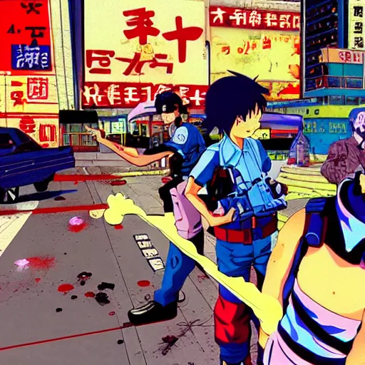 Prompt: 1993 Video Game Screenshot, Anime Neo-tokyo bank robbers vs police shootout, bags of money, Police Shot, Violent, Action, MP5S, FLCL, Highly Detailed, 8k :4 by Katsuhiro Otomo + Studio Gainax + Capcom : 8