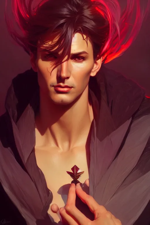 Image similar to a portrait of gambit, fantasy, sharp focus, intricate, elegant, digital painting, artstation, matte, highly detailed, concept art, illustration, ambient lighting, art by ilya kuvshinov, artgerm, alphonse mucha, and greg rutkowski