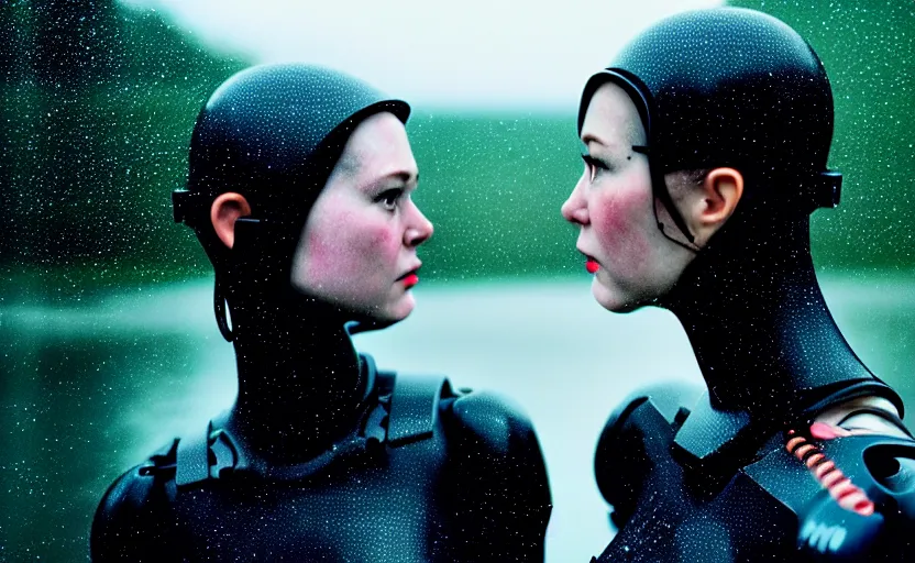 Image similar to cinestill 5 0 d candid action photographic portrait by stanley kubrick of two loving female androids wearing rugged black mesh techwear in treacherous waters, extreme closeup, modern cyberpunk retrofuturism moody emotional cinematic, pouring iridescent rain, 8 k, hd, high resolution, 3 5 mm, f / 3 2, motion blur, ultra realistic faces, ex machina