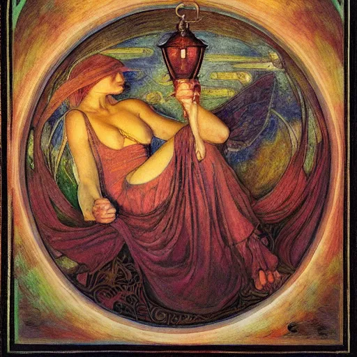 Image similar to the dawn queen with her lantern, by annie swynnerton and diego rivera and elihu vedder, symbolist, dramatic lighting, elaborate geometric ornament, art brut, smooth, sharp focus, extremely detailed, leo and diane dillon, adolf wolfli, soft pastel colors