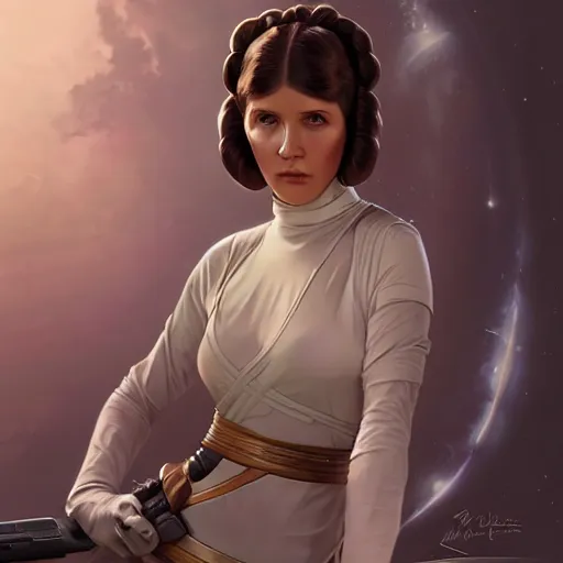 Image similar to Princess Leia, highly detailed, digital painting, artstation, concept art, smooth, sharp focus, illustration, art by artgerm and alphonse mucha, high definition digital art, in the style of ilya kuvshinov and Ross tran