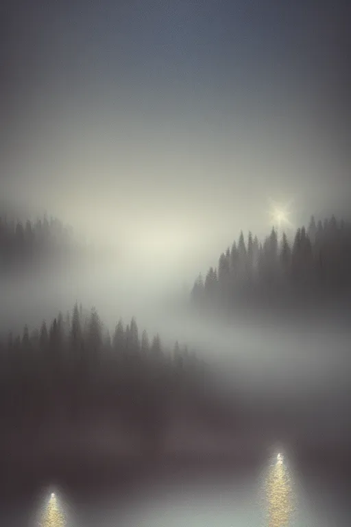 Image similar to misty fog over a lake at night, land in the distance, cherry blossoms, illustration, light beams, simple, minimalist, digital art, oil painting, fantasy, 8 k, trending on artstation, detailed