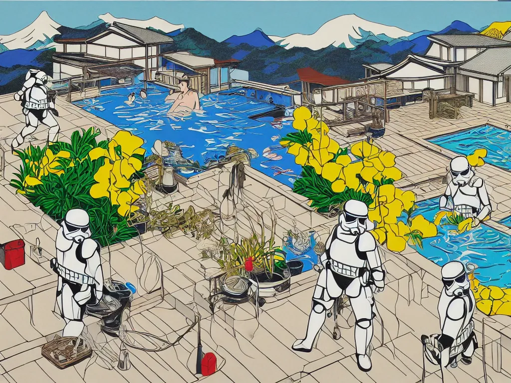 Image similar to hyperrealism composition of the japanese house with a hot springs in the garden, two detailed stormtroopers bathe in a hot spring, pop - art style, jacky tsai style, andy warhol style, roy lichtenstein style, acrylic on canvas