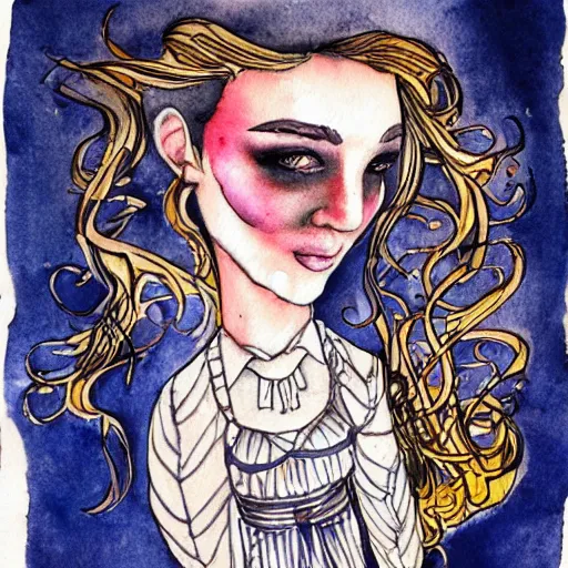 Image similar to swedish magician magickjell, watercolor, ink lines, highly detailed