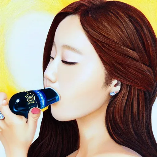 Image similar to Realistic painting of Mina from Twice, drinking champagne, side profile, intricate detail, realistic face, digital art, 4k, realism