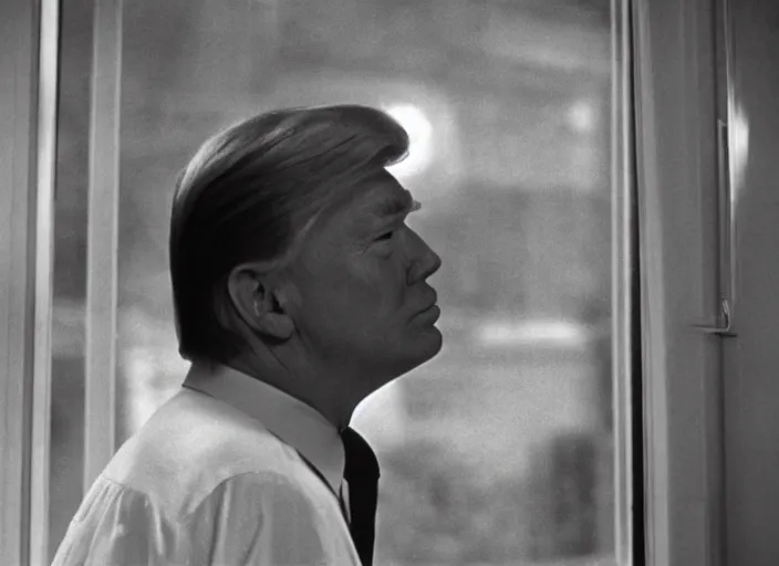 Image similar to screenshot from moody scene of Donald Trump looking out window, in High and Low, 1963 film directed by Akira Kurosawa, kodak film stock, black and white, anamorphic lens, 4K, detailed, stunning cinematography and composition shot by Takao Saito, 70mm