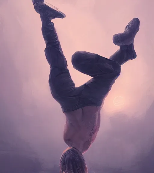 Image similar to Portrait of angel doing handstand acrobatic movement, in the apocalyptic sunrise, countryside, dimly lit, wispy smoke, intricate, highly detailed, digital painting, artstation, concept art, sharp focus, illustration, art by einar jonsson