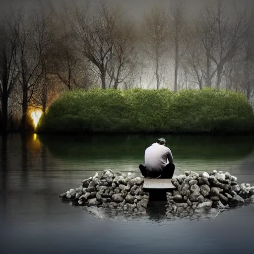 Image similar to a man sits by a lake, throwing pieces of his life into a bonfire. a great shapeless thing of darkness is drawn across the water to the light.