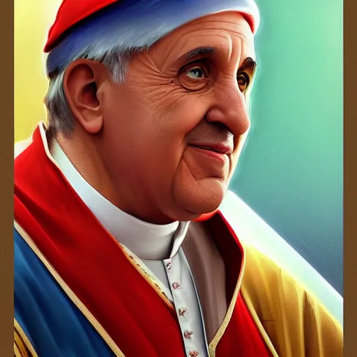 Image similar to pope francis as super mario, digital painting, trending on artstation, by artgerm and greg rutkowski and alphonse mucha