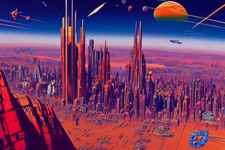 Prompt: cloisonnism painting of megacity 1 from judge dredd megacity 1 from judge dredd in no mans sky no mans sky | masterpiece syd mead moebius