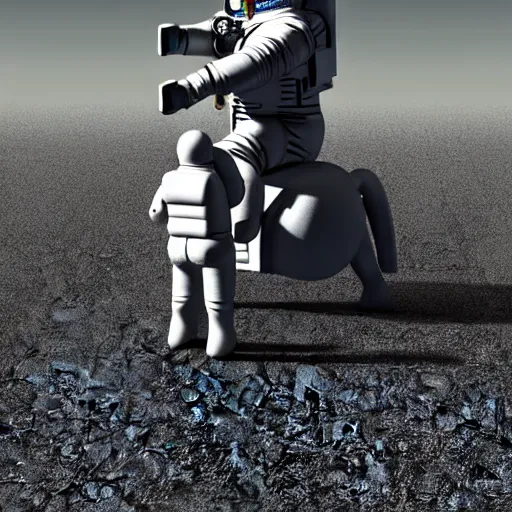 Prompt: an astronaut standing on the ground and a small trippy aggressive centaur standing on that poor human being standing on all fours astronaut raising his arms up, really trying to ride it, the horse is on his shoulders and grabbing them, minimalist style, 3 d render, isometry