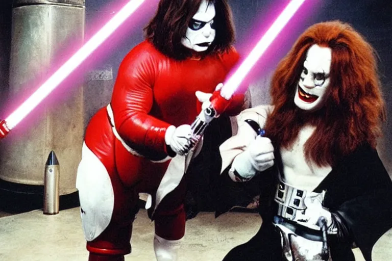 Image similar to ozzy osbourne fighting ronald mcdonald in a lightsaber duel