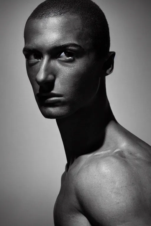 Prompt: A close-up, black and white studio photographic portrait of a beautiful young male model, dramatic backlighting, 1973 photo from life magazine, 4k, 8k