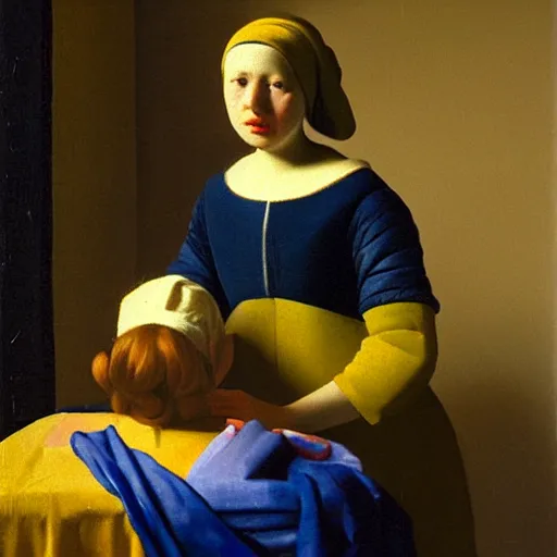 Prompt: Pearl with a girl by Vermeer, oil-painting, masterpiece