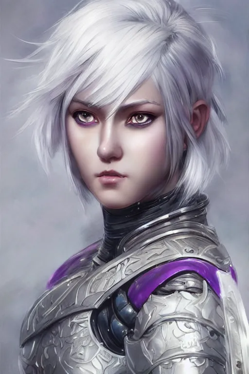 Image similar to A realistic anime portrait of a short white haired female rogue wearing an intricate medium armor, middle eastern, purple eyes, digital painting, by Stanley Artgerm Lau, Sakimichan, WLOP and Rossdraws, digtial painting, trending on ArtStation, SFW version