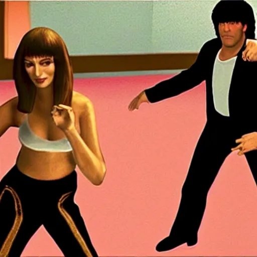 Image similar to uma thurman and john travolta in dance dance revolution, pulp fiction edition, playstation 2 video game