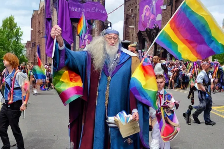 Image similar to dumbledore at a gay pride parade