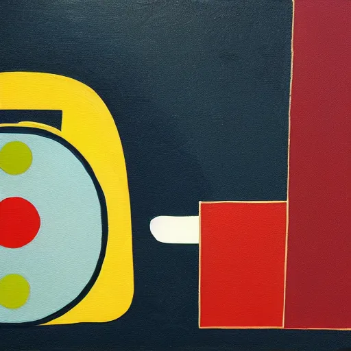 Image similar to A painting of a rotary dial phone, abstract painting in the style of Sophie Taeuber-Arp and Gary Hume and Tatsuro Kiuchi, flat colour-block style, geometric abstraction, dark earthy colours