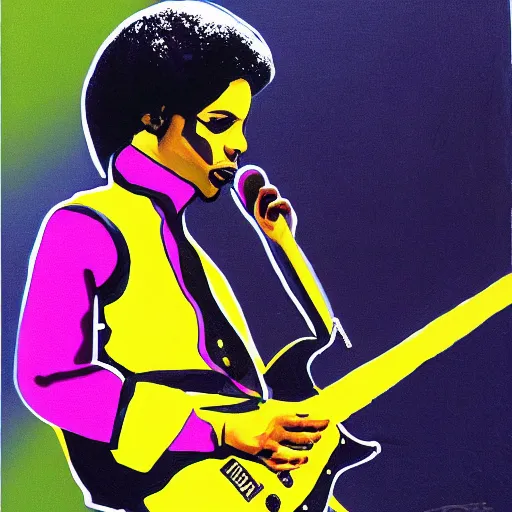 Prompt: an action painting of Prince in a hi viz jacket playing the bass