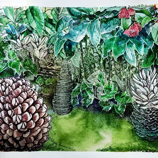 Image similar to delicate garden on paper floating puffy vines botanical herbarium botanic watercolors iridescent 8 k wide angle realistic artstation italian rainbow colonnade oak pinecone architecture pompeii