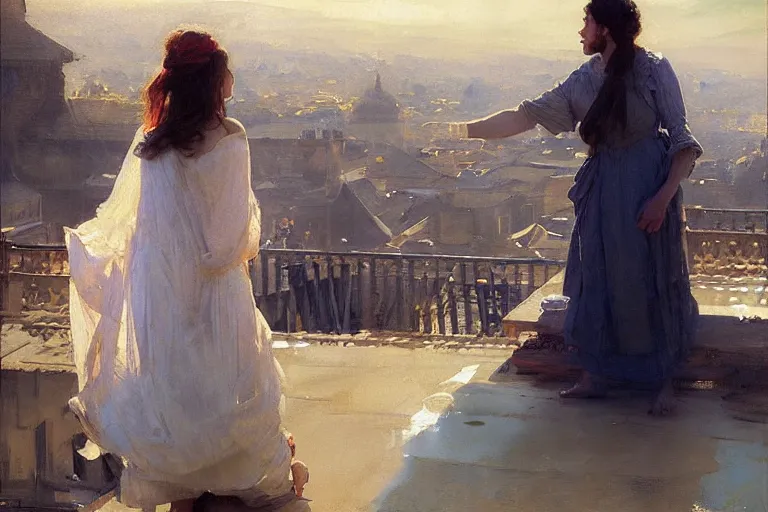 Image similar to portrait david sees bathsheba on the rooftop by anders zorn, wonderful masterpiece by greg rutkowski, beautiful cinematic light, american romanticism by greg manchess, jessica rossier