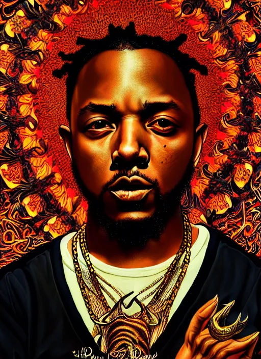 Prompt: : Kendrick Lamar rapper fantasy, fantasy magic,  , intricate, sharp focus, illustration, highly detailed, digital painting, concept art, jahbu art and Paul lewin and kehinde wiley, masterpiece
