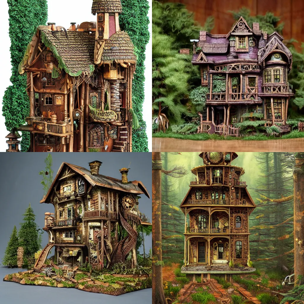 Prompt: A steampunk house in a forest by Margaret Brundage, detailed, 4k, intricate.