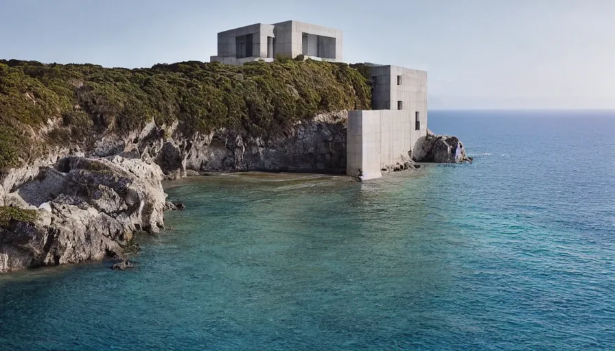 Prompt: coastal perched on a cliff overlooking a magnificient bay, brutalism architecture, drawing architecture, pritzker architecture prize, greig fraser