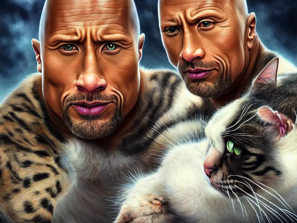 Image similar to dwayne johnson as a cat, cat, animal body, studio picture, realistic illustrative painting, artgerm, visionary arts, huang guangjian