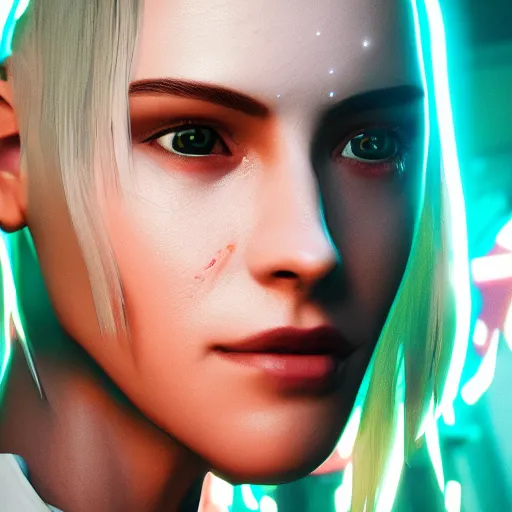 Image similar to elliot page portrait, cyberpunk 2 0 7 7, cyberpunk judy alvarez, photorealistic, ultra detailed, neon, octane, bokeh, cinematic lighting, cyber, cyberpunk city, studio quality, feature, scars, cyberface, 8 k