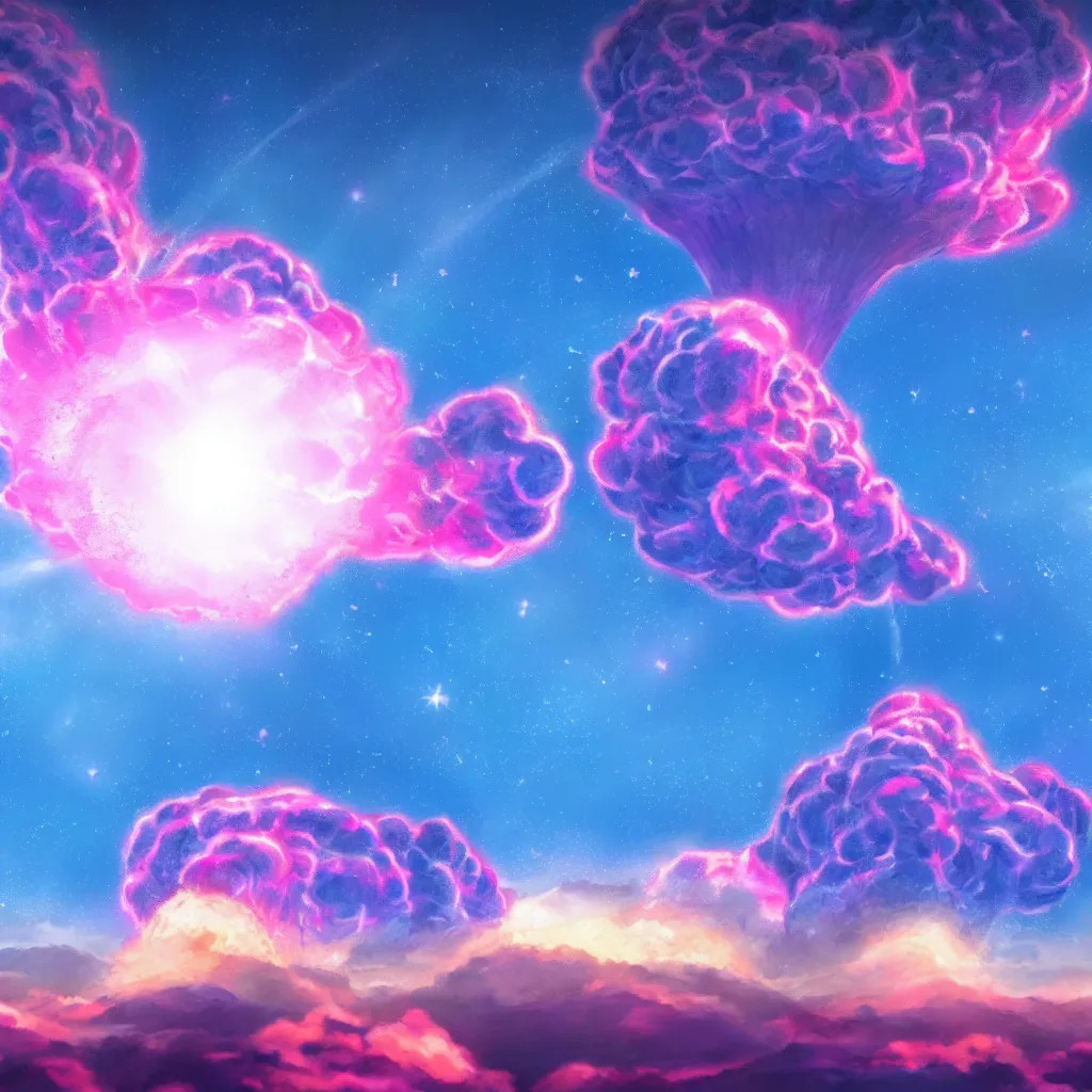 Image similar to a lofi nuclear explosion to study and die to, 4 k, art station, beautiful, blue and pink