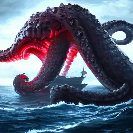 Image similar to a giant kraken with glowing red eyes eating a battle ship, 4k, artstation, digital art