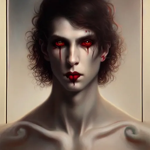 Image similar to attractive twenty first century male vampires beautiful eyes. highly detailed painting by tom bagshaw 8 k