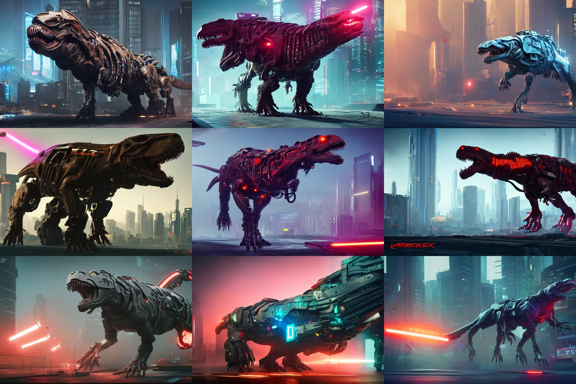 Prompt: cyberpunk machine t - rex with laser eyes, concept art, cyberpunk 2 0 7 7, sci - fi, trending on artstation, octane render, ue 5, digital art, beeple