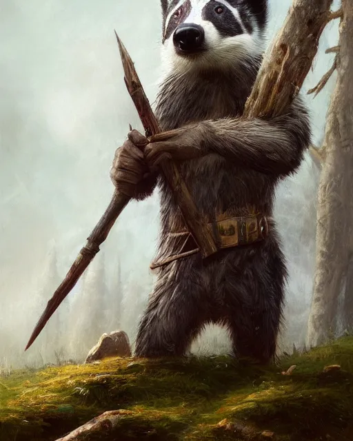 Prompt: oil painting of Anthropomorphized Badger, holding spear, wearing hunter coat, proud look, full body, sharp focus, fantasy style, octane render, volumetric lighting, 8k high definition, by greg rutkowski, highly detailed, trending on art Station, magic the gathering artwork, woodland backround