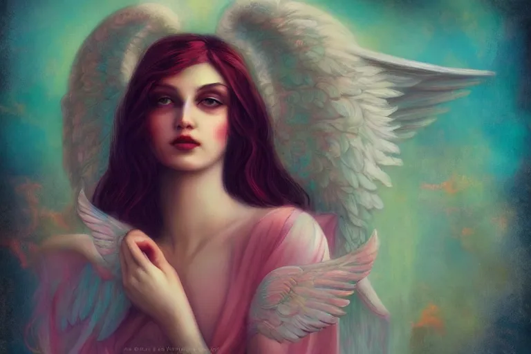 Prompt: pretty angel girl with wings photograph in the style of tom bagshaw, colorful, realistic, 8 k