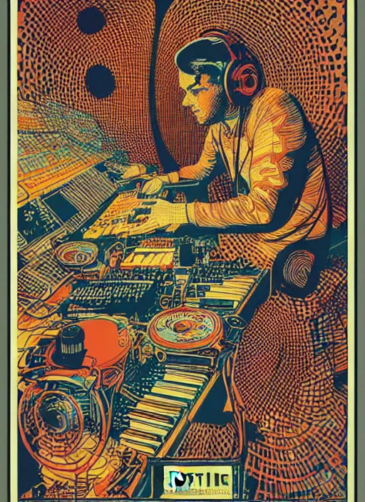 Image similar to A beat producer, screen print, art by Chuck Sperry, vintage 1960s print, minamilst