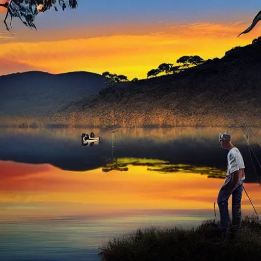 Image similar to an australian man, facing away from the camera towards a sunrise, over a reflective lake, fishing rod set up next to the man, with tackle box and a dog sleeping on the ground, awe inspiring award - winning, matte painting