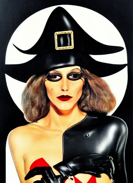 Image similar to perfectly centred realistic picture of a character dressed in leather tight suit and witch hat, dark,!! poster from 8 0 - s by waldemar swierzy,