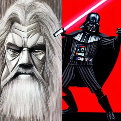 Prompt: gandalf vs darth vader,