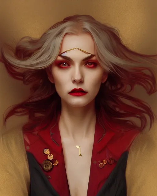 Image similar to female vampire, perfect face, gold waistcoat, red shirt, long grey hair, red necktie, cinematic, stunning, highly detailed, digital painting, artstation, smooth, hard focus, full body shot, illustration, art by artgerm and greg rutkowski and alphonse mucha