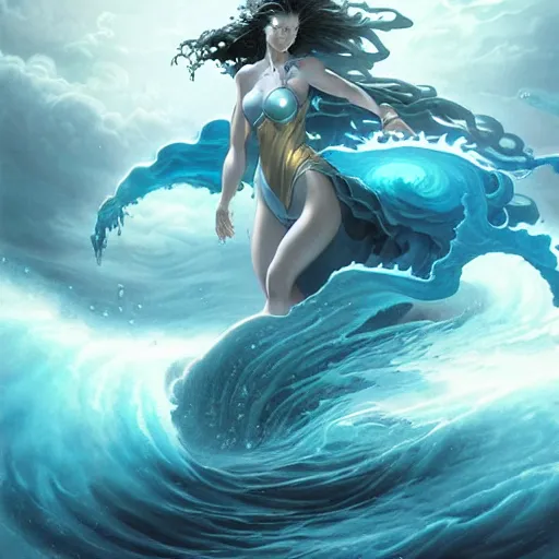 Image similar to fully clothed powerful goddess of water clothed in swirling water striding through a stormy sea, highly detailed matte fantasy painting, stormy lighting, by ross tran and artgerm and peter mohrbacher