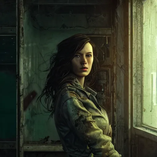 Prompt: fallout 5, charismatic beautiful rugged brunette female protagonist, portrait, indoors dilapidated store interior, atmospheric lighting, painted, intricate, volumetric lighting, beautiful, daytime, overcast weather, sharp focus, deep colours, ultra detailed, by leesha hannigan, ross tran, thierry doizon, kai carpenter, ignacio fernandez rios