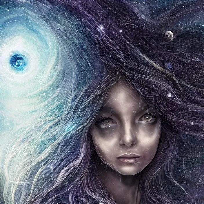 Image similar to beautiful celestial woman with long hair wrapping downward around earth seen for space, hyper-detailed, smooth, sharp focus, depth map, digital painting, apocalyptic art, fantasy dark art, 4k ultra hd, cinematic