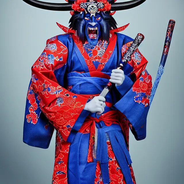 Image similar to a standing portrait of a male blue blue oni demon 鬼 👹 horns horns horns blue blue blue skin dressed as samurai 羽 織 haori kimono official portrait highly detailed, 4 k, hdr, smooth, sharp focus, high resolution, award - winning, illustrated by anne stokes, from sengoku period blue